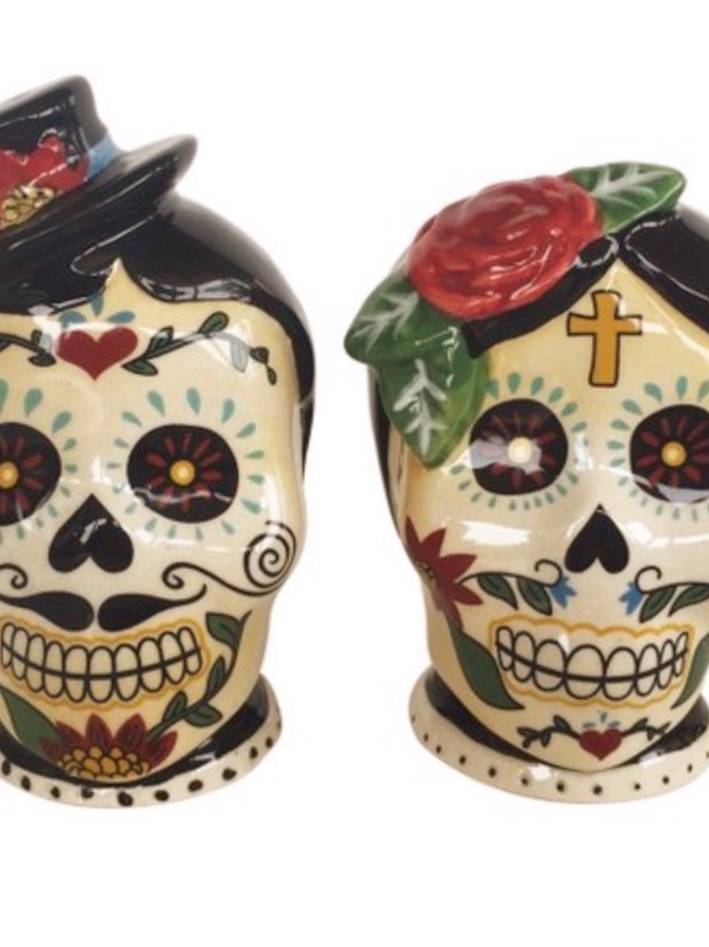 Blue Sky Ceramic Day of the Dead Skull Salt & Pepper Shaker Set NEW in Box